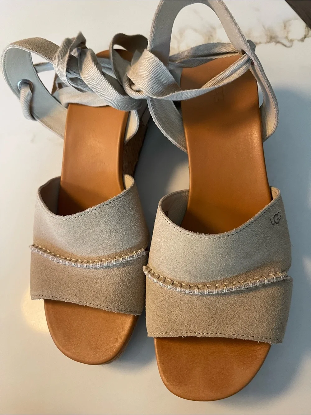 UGG Women's Light Beige Suede Espadrille Wedge Sandals with Ankle Wrap 12M